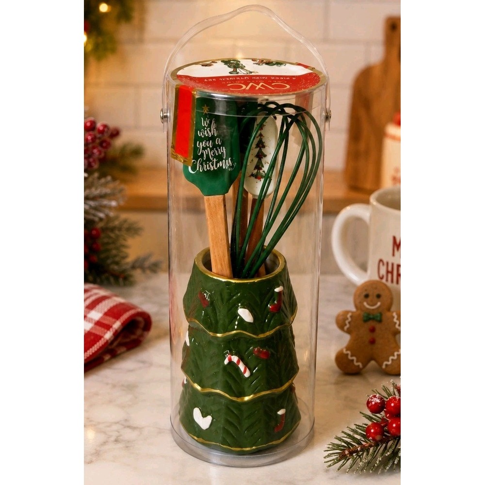CWC Cook With Color Christmas Mini Utensil Set Tree Holder 4 Pc Gift Set NWT